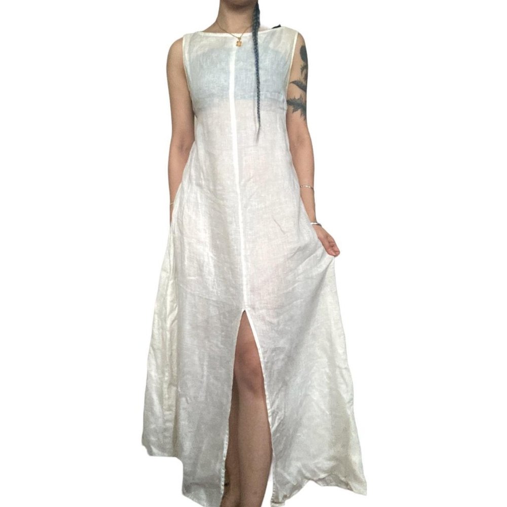white cream sheer linen split front maxi dress size S